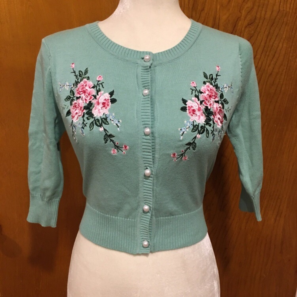 1950s Vintage Inspired Teal Embroidered Sweater